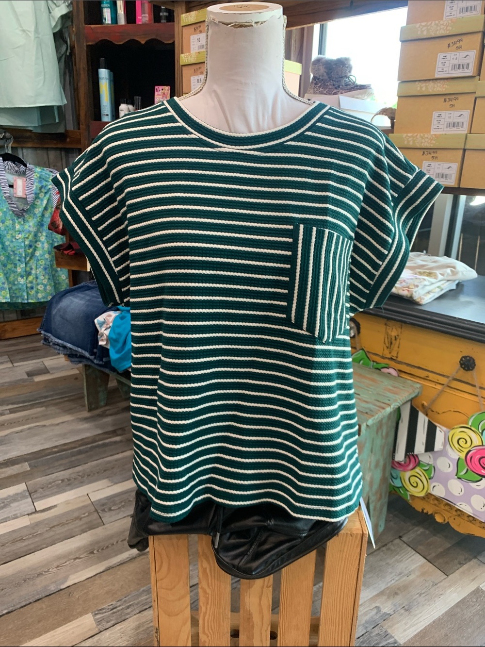 #149 entro Green and White Striped Short Sleeve Pocket Tee